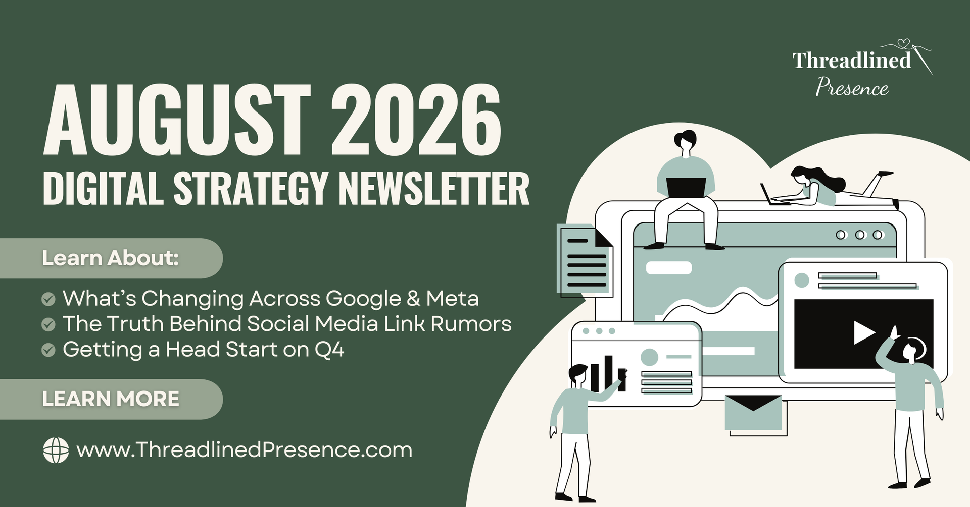 August 2026 digital strategy newsletter with laptop, phone, and social media illustrations
