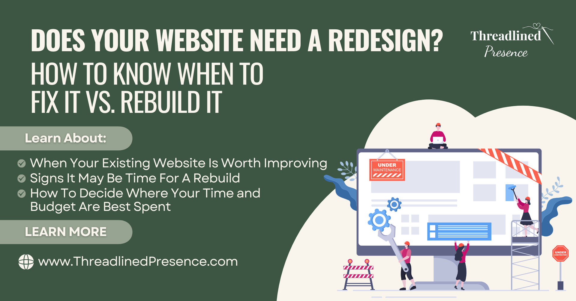 Website redesign blog flyer with cartoon of a website under construction with people working on it.