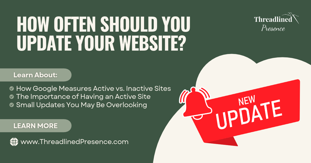 Graphic: “How often should you update your website?” with green background and red “New Update” tag.
