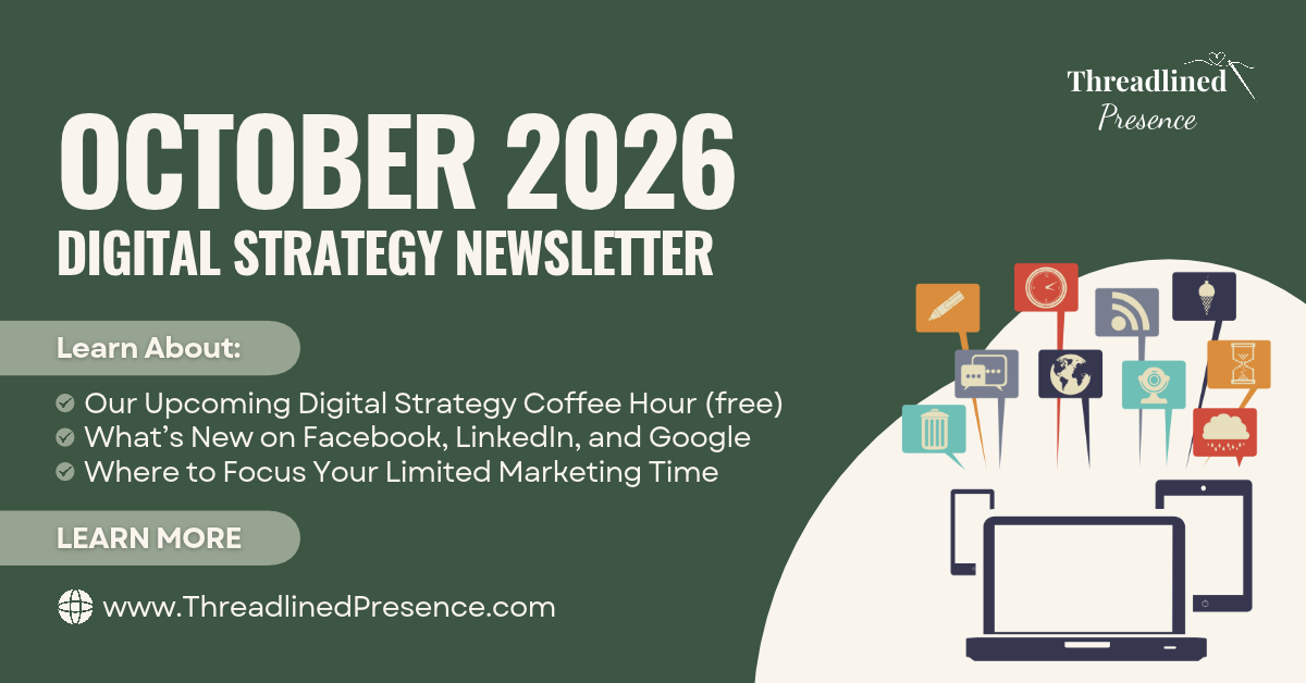 October 2026 digital strategy newsletter graphic with green background and computer icons