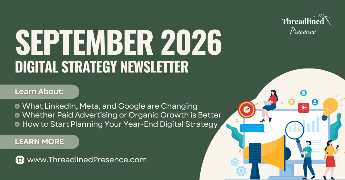 September 2026 digital strategy newsletter banner with white text on green background and a person at a laptop