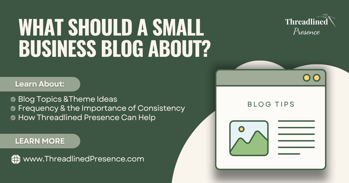 Green blog promo graphic with white headline, a blog page icon, and text about what a small business blog should cover