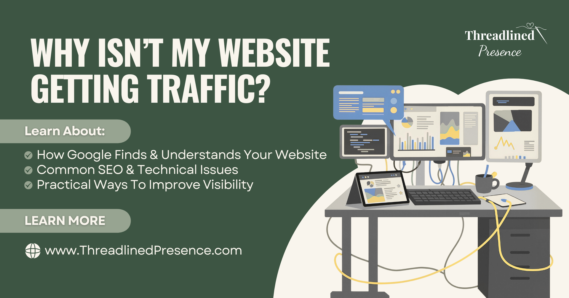 Website traffic promo graphic with desktop analytics screens, green background, and white headline text