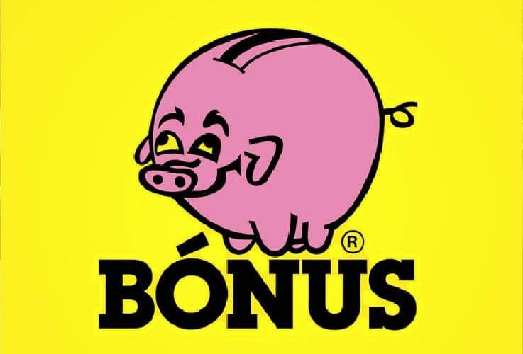 A pink piggy bank with the word bonus on a yellow background
