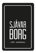 A black and white logo for sjavar borg cafe guesthouse