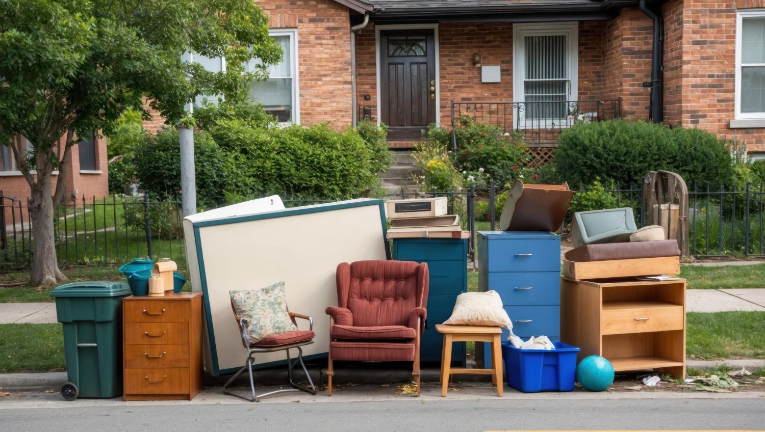 Curbside pile of furniture and household items outside a brick house, ready for disposal