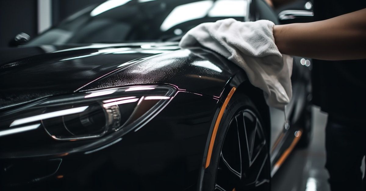 A technician running a white microfiber towel over the hood of a gray car. The car is clean and shiny.