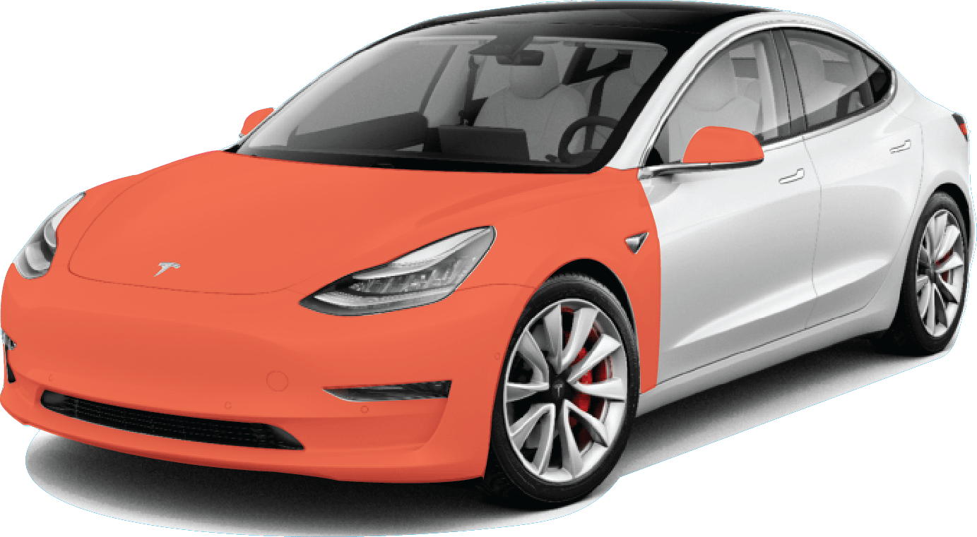 Full Front PPF package coverage: hood, front fenders, front bumper, side mirrors and headlights highlighted in orange