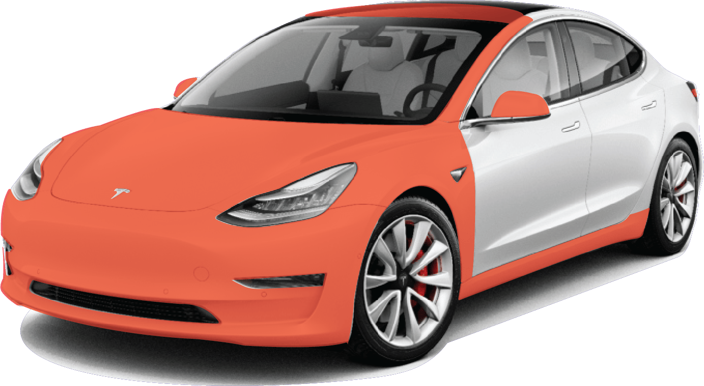 Track PPF package coverage: hood, front fenders, front bumper, headlights, mirrors, A and B pillars and rocker panels highlighted in orange
