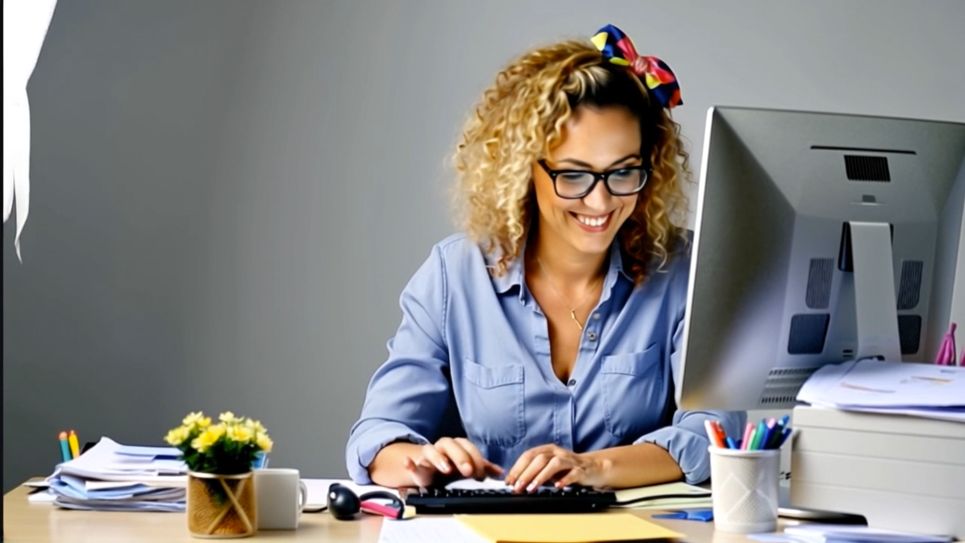 Frau sitzt an Computer - Bild zum KI Kurs 