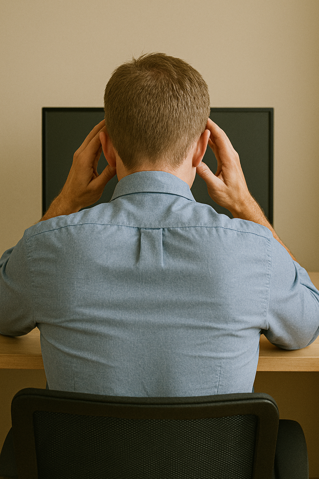Bild zum KI-Kurs - Mann von hinten vor Computer - hölt sich Hände an Schläfen 