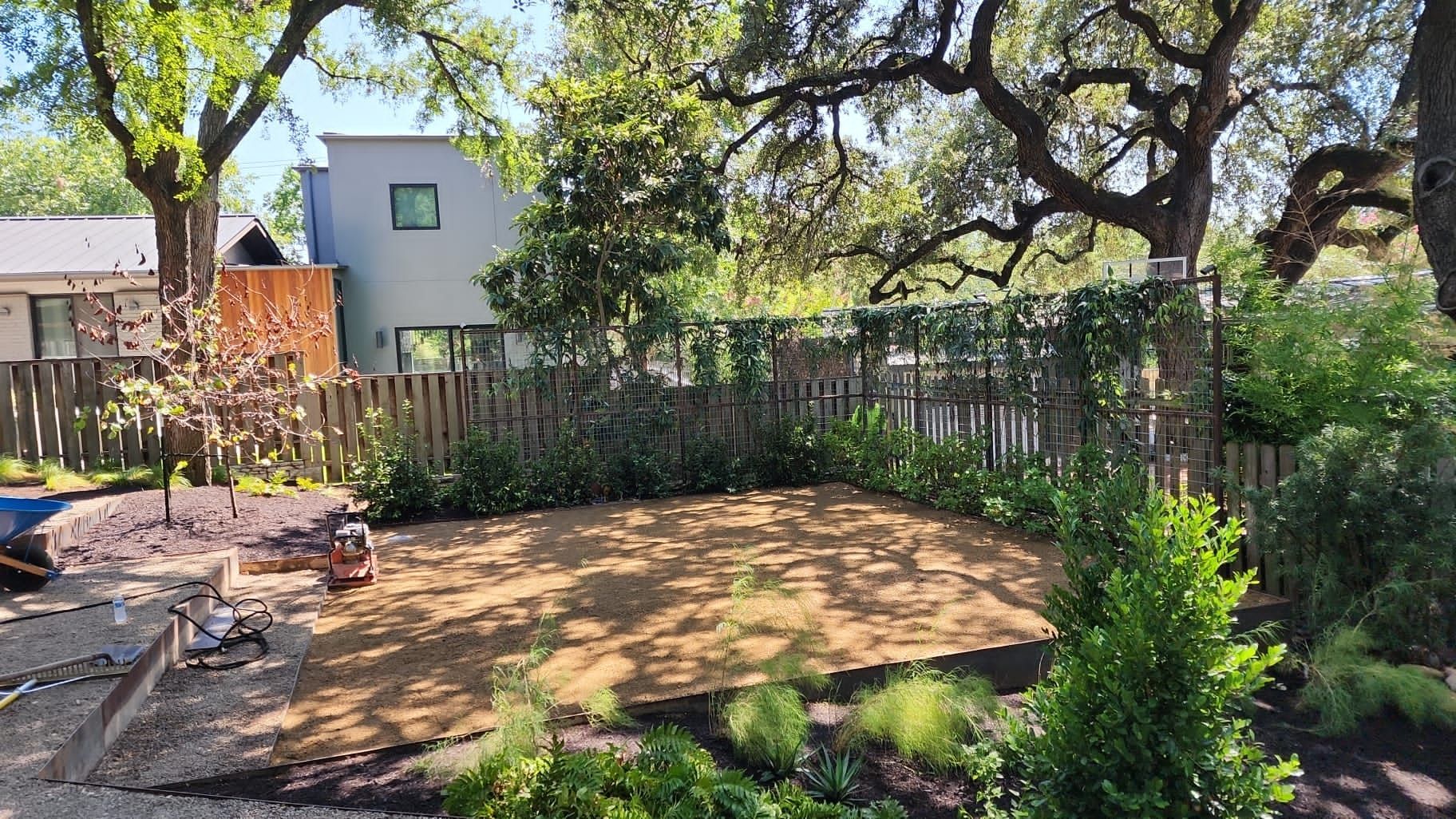 A backyard with a wooden fence and trees in front of a house.