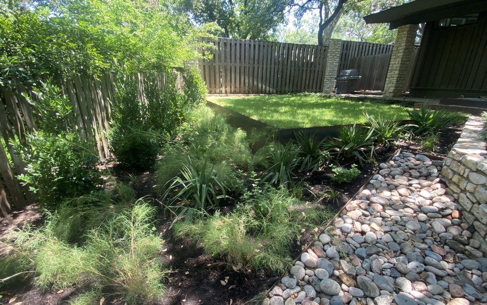 A backyard with a stone walkway leading to a house and a fence.