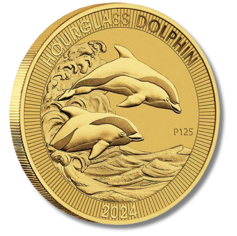 A gold coin that says dolphin on it