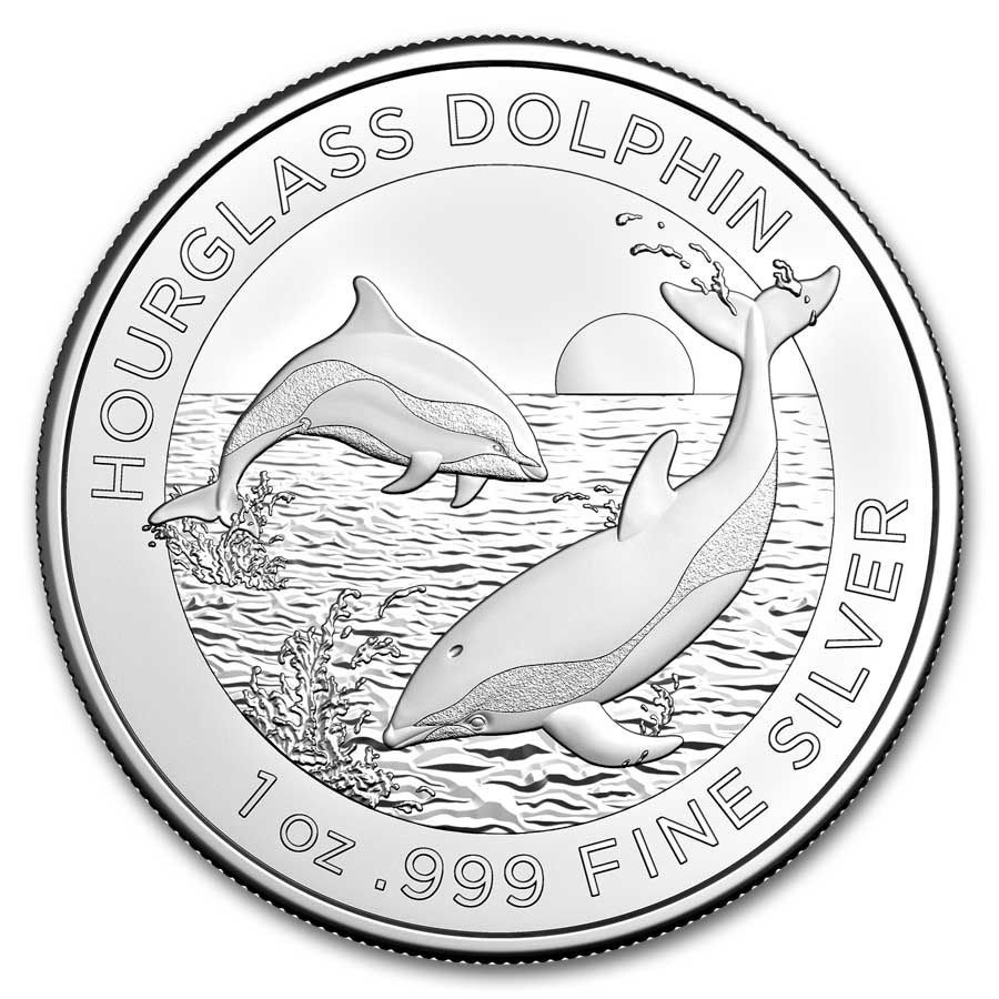 A silver coin with two dolphins on it