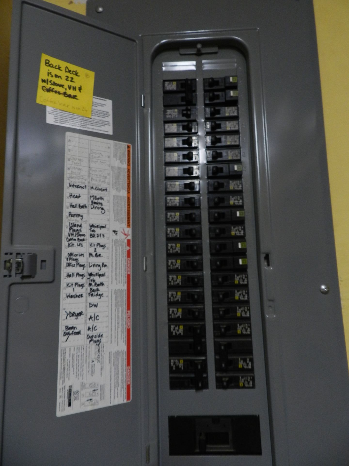 A electrical panel with a sticker on it that says 