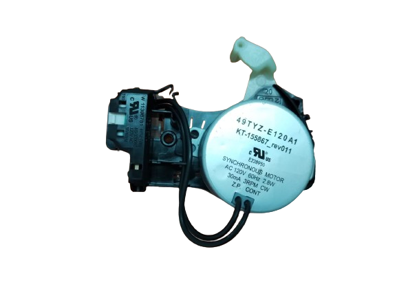 Contador de agua mecánico azul con componentes negros adjuntos y un cable curvado sobre un fondo blanco.