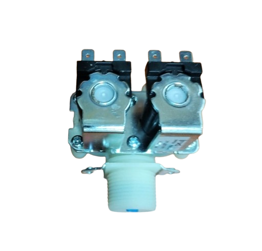 Válvula solenoide industrial doble plateada y negra con un conector de plástico blanco sobre un fondo liso.