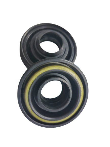 Dos anillos de goma negros, uno con una raya amarilla, superpuestos sobre un fondo blanco.