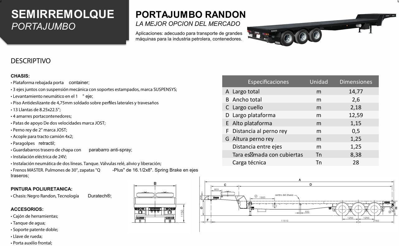 Remolque de plataforma de Randon, con cuadro de especificaciones y diagrama.