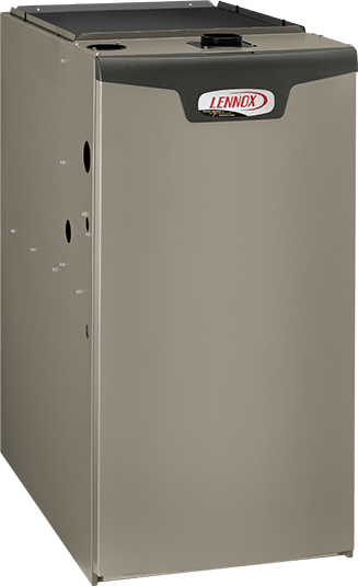 A silver Lennox furnace with a gray top and logo.