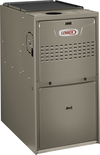 Tan Lennox furnace with vent and access panels.