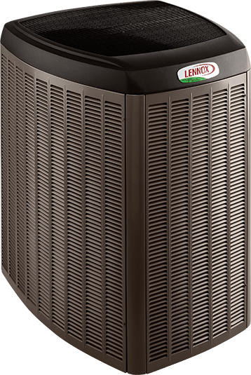 Brown and black Lennox air conditioner unit, outdoors.