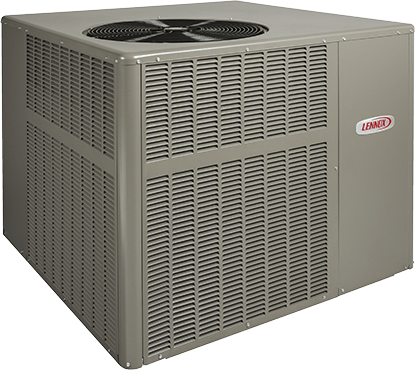 Gray Lennox air conditioning unit, outdoor setting.