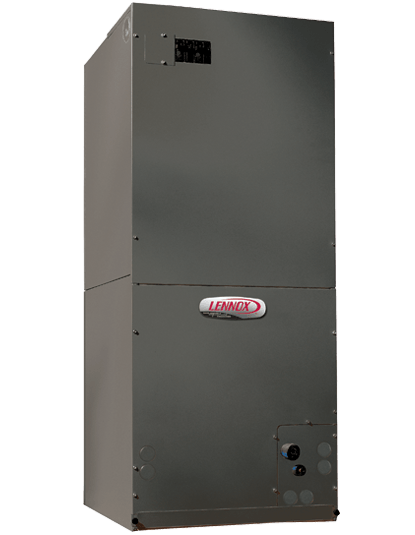 A Lennox vertical air handler unit; gray metal cabinet with Lennox logo.