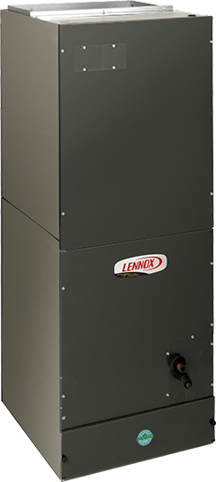 A Lennox furnace in a gray metal cabinet, with a control knob and green sticker on the front.