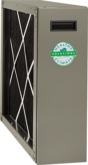 An air filtration system with a dark filter, metal frame, and a