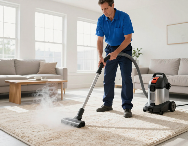 Man vacuuming a beige rug in a bright living room with a canister vacuum and visible dust