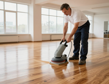 Man polishing a hardwood floor with a floor buffer in a bright, empty room.