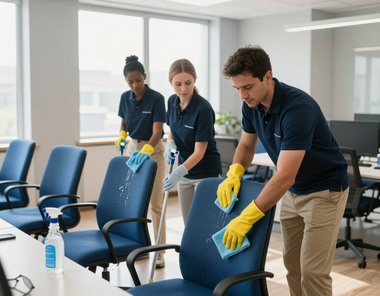 Three cleaners in blue gloves wiping office chairs and tables in a bright meeting room