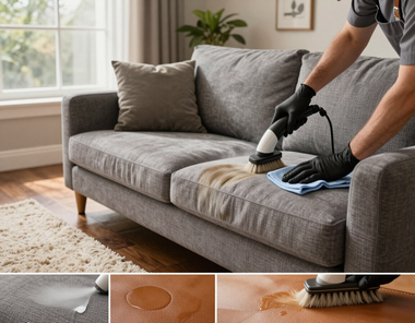 Person steam-cleans a gray sofa in a bright living room, with close-ups of upholstery cleaning tools below