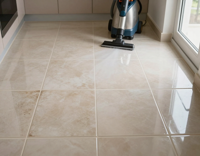 Vacuum cleaner on shiny beige tiled floor beside a window