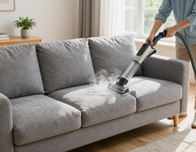 Person steam-cleans a gray sofa in a bright living room