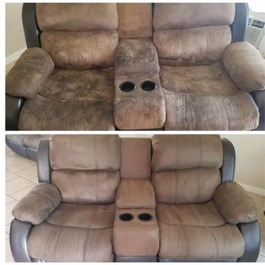 Before-and-after view of a worn beige recliner sofa, showing restored upholstery and cleaned cushions