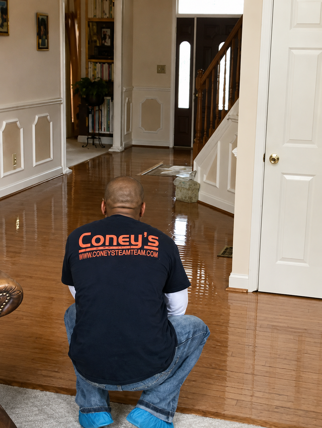 Man kneeling on a polished floor in a hallway, facing a doorway with a bag nearby.