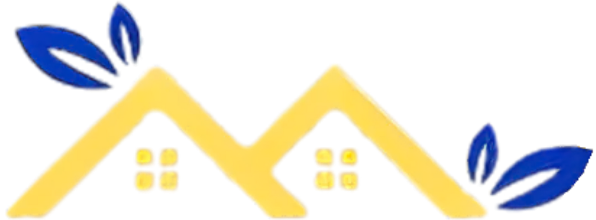 Yellow house roof with two blue leaf clusters.