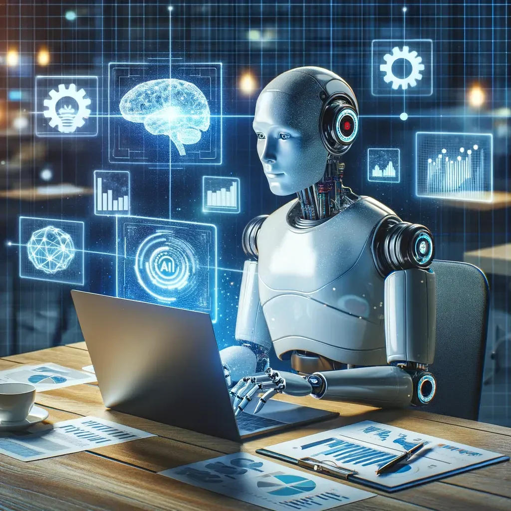 An AI accountants is sitting at a desk using a laptop computer .