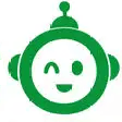 A green robot with headphones on its head and a smiling face.