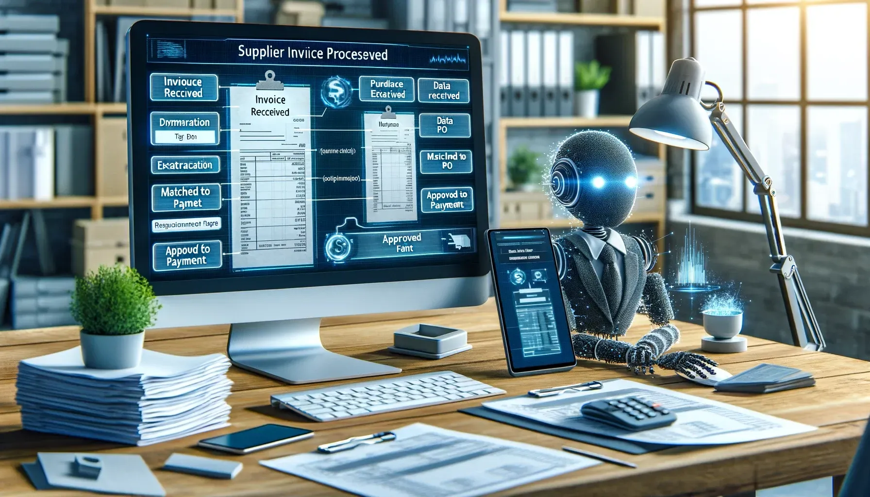 a robot is sitting at a desk in front of a computer processing supplier invoices.