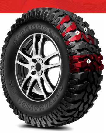 Neumático Firestone Destination M/T2 negro sobre llanta plateada,