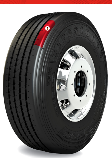 Neumático de camión con un área roja marcada 