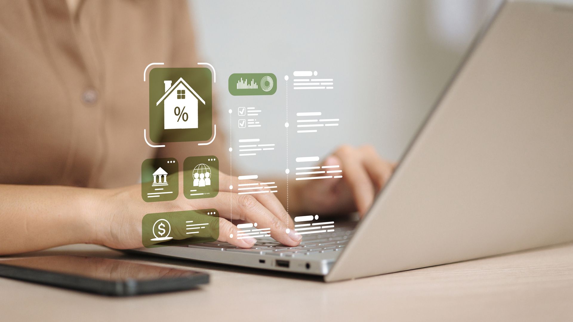 Person using a laptop with mortgage-related financial data and icons overlaid.