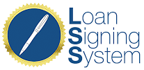 A logo featuring a white pen inside a blue circle with a gold serrated border, next to the text