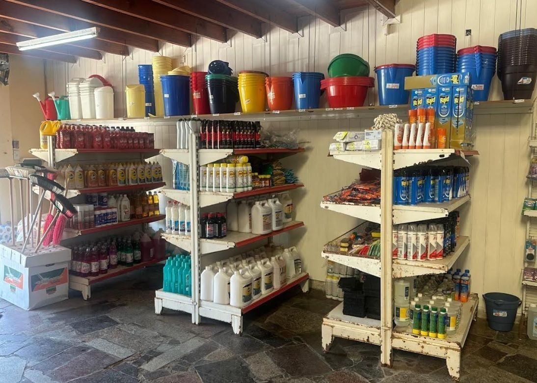 Estanterías con artículos para el hogar y productos de limpieza en una pequeña tienda con techo de madera.