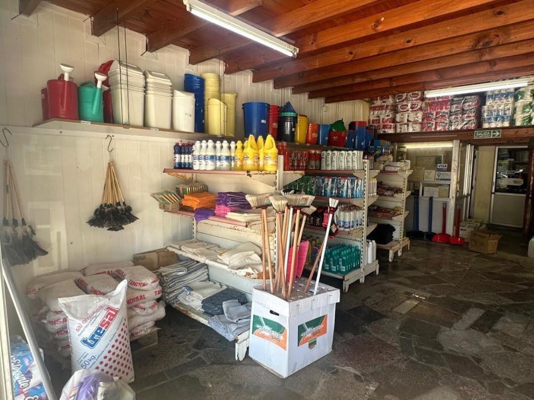 Interior de una pequeña tienda con estantes llenos de artículos de limpieza y para el hogar.