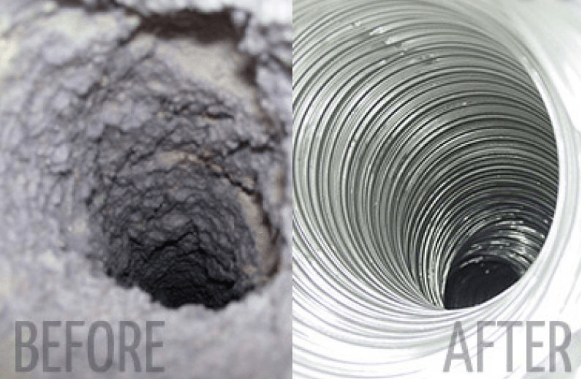 A before and after picture of a dryer duct